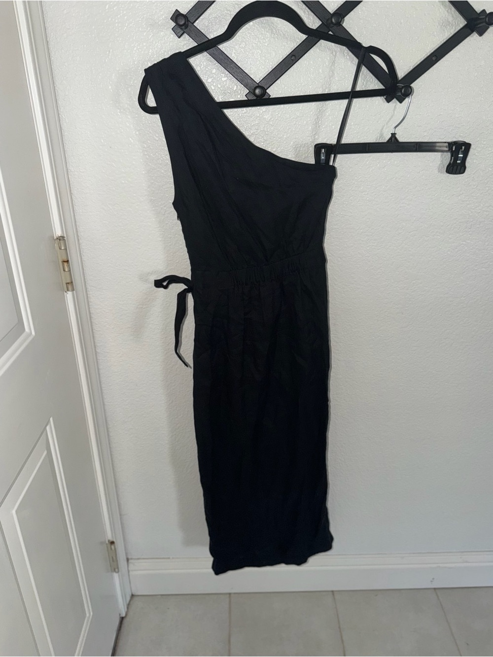 Anthropologie One Shoulder Linen Wrap Dress Black Size 0 Midi Asymmetrical Tie - Picture 5 of 5